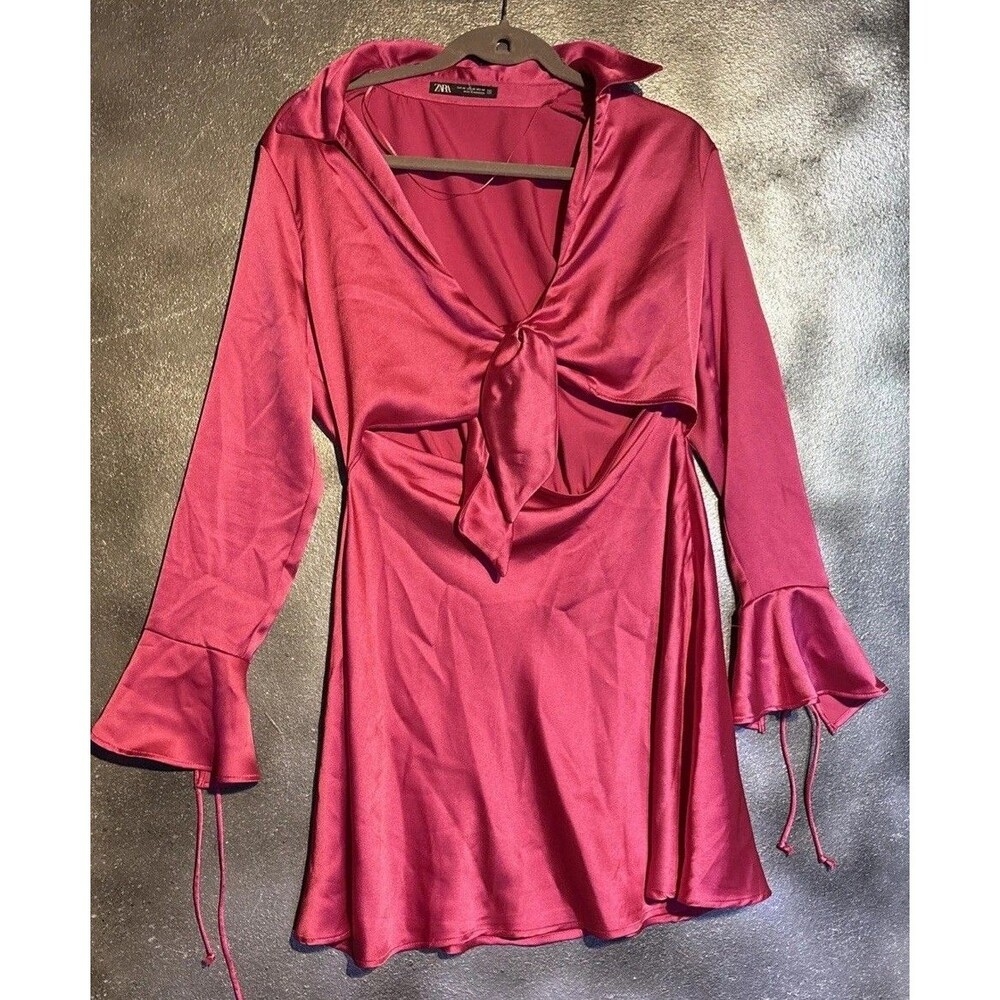 Zara Womens Fuchsia Pink Satin Cutout Tie Front Mini Dress Long Sleeve XS